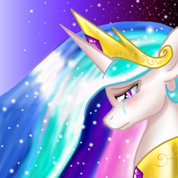 Size: 2000x2000 | Tagged: safe, artist:derpsonhooves, princess celestia, alicorn, pony, crying, female, horn, mare, multicolored mane, solo, white coat