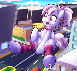 Size: 3000x2777 | Tagged: safe, artist:niu-ka, oc, oc:windbreaker, inflatable pony, pegasus, pony, city, colored, female, giant pony, giantess, inflatable, macro, solo