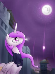 Size: 1200x1600 | Tagged: safe, artist:conicer, princess celestia, alicorn, pony, g4, clothes, lonely, mare in the moon, moon, night, scarf, solo