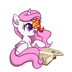 Size: 576x576 | Tagged: safe, artist:zoidledoidle, philomena, princess celestia, alicorn, pony, book, cewestia, chest fluff, cute, cutelestia, duo, filly, open mouth, simple background, transparent background