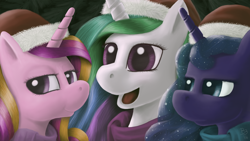 Size: 1920x1080 | Tagged: safe, artist:bronybiscuitbites, princess cadance, princess celestia, princess luna, alicorn, pony, clothes, hat, santa hat, scarf