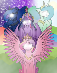 Size: 900x1149 | Tagged: safe, artist:100yearslater, princess cadance, princess celestia, princess luna, twilight sparkle, twilight sparkle (alicorn), alicorn, pony, alicorn tetrarchy, glowing eyes