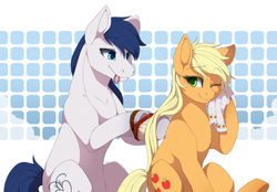 Size: 2622x1825 | Tagged: safe, artist:mr-tiaa, applejack, oc, oc:constance everheart, earth pony, pony, brushing, brushing mane, canon x oc, couple, cute, everjack, female, jackabetes, loose hair, male, mare, shipping, stallion, straight, towel, wet mane