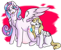 Size: 1200x1000 | Tagged: safe, artist:icefeather24, princess flurry heart, oc, alicorn, pony, adult, alicorn oc, belly, chest fluff, female, impossibly large belly, mama flurry, mother and child, mother and daughter, multiple pregnancy, offspring, offspring's offspring, older, older flurry heart, one wing out, parent and child, parent:oc:shimmering glow, parent:princess flurry heart, parents:canon x oc, pregnant, sad