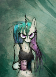 Size: 600x819 | Tagged: safe, artist:foxinshadow, princess celestia, anthro, cigarette, coffee, grumpy, morning ponies, smoking, solo, traditional art