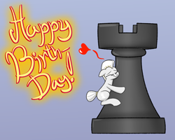 Size: 1280x1024 | Tagged: safe, artist:heir-of-rick, oc, oc only, pony, chess piece, happy birthday, heart, micro, rook, simple background, solo, text