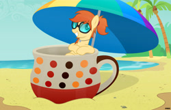 Size: 5740x3700 | Tagged: safe, artist:a4r91n, oc, oc only, oc:home sweet, earth pony, pony, beach, cup, cup of pony, jewelry, looking at you, micro, ocean, palm tree, pendant, smiling, solo, summer, sunglasses, tree, umbrella