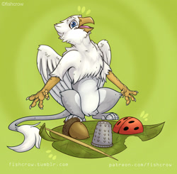 Size: 1260x1234 | Tagged: safe, artist:fishcrow, oc, oc only, oc:der, griffon, ladybug, acorn, cute, leaf, male, micro, solo, thimble, toothpick