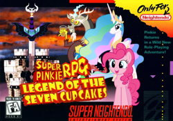 Size: 900x625 | Tagged: safe, artist:nickyv917, discord, nightmare moon, pinkie pie, princess celestia, alicorn, earth pony, pony, box art, cover, crossover, nintendo, parody, super mario rpg, super nintendo, video game