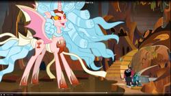 Size: 1727x966 | Tagged: safe, screencap, cozy glow, lord tirek, queen chrysalis, alicorn, centaur, changeling, changeling queen, pony, the ending of the end, alicornified, chaos magic, cozycorn, female, giant demon alicorn cozy glow, giant pony, grogar's bell, hoof shoes, macro, male, mare, race swap, ultimate chrysalis