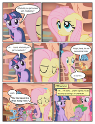 Size: 612x792 | Tagged: safe, artist:newbiespud, edit, edited screencap, screencap, applejack, fluttershy, pinkie pie, rainbow dash, rarity, twilight sparkle, unicorn twilight, dragon, earth pony, pegasus, pony, unicorn, comic:friendship is dragons, bridle gossip, book, comic, dialogue, eyes closed, female, floppy horn, freckles, golden oaks library, horn, laughing, male, mane six, mare, micro, poison joke, sad, screencap comic, unamused