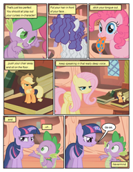 Size: 612x792 | Tagged: safe, artist:newbiespud, edit, edited screencap, screencap, applejack, fluttershy, pinkie pie, rarity, spike, twilight sparkle, unicorn twilight, dragon, earth pony, pegasus, pony, unicorn, comic:friendship is dragons, bridle gossip, book, comic, dialogue, female, freckles, frown, golden oaks library, hat, laughing, male, mare, messy mane, micro, screencap comic, slit eyes, tongue out, unamused