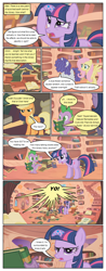 Size: 612x1554 | Tagged: safe, artist:newbiespud, edit, edited screencap, screencap, applejack, fluttershy, rarity, spike, twilight sparkle, unicorn twilight, dragon, earth pony, pegasus, pony, unicorn, comic:friendship is dragons, bridle gossip, book, comic, dialogue, female, floppy horn, golden oaks library, hat, horn, male, mare, messy mane, micro, reading, screencap comic, talking book