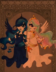 Size: 1589x2056 | Tagged: safe, artist:sneaky-snake, princess celestia, princess luna, crown, duo, duo female, female, humanized, jewelry, regalia, siblings, sisters