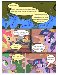 Size: 612x792 | Tagged: safe, artist:newbiespud, edit, edited screencap, screencap, apple bloom, applejack, spike, twilight sparkle, unicorn twilight, dragon, earth pony, pony, unicorn, comic:friendship is dragons, bridle gossip, book, bow, comic, dialogue, female, filly, floppy horn, flower, golden oaks library, hair bow, hat, horn, male, mare, micro, poison joke, screencap comic, slit eyes, talking book