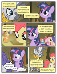 Size: 612x792 | Tagged: safe, artist:newbiespud, edit, edited screencap, screencap, apple bloom, applejack, fluttershy, pinkie pie, rainbow dash, rarity, twilight sparkle, unicorn twilight, zecora, earth pony, pegasus, pony, unicorn, zebra, comic:friendship is dragons, bridle gossip, bit gag, cauldron, comic, dialogue, ear piercing, earring, female, filly, floppy horn, foal, freckles, frown, gag, hat, hooves, horn, jewelry, mane six, mare, messy mane, micro, neck ring, piercing, poison joke, saddle bag, screencap comic, tongue out, wings, zecora's hut