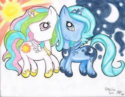 Size: 1024x792 | Tagged: safe, artist:theundertakerskitty, princess celestia, princess luna, alicorn, pony, s1 luna, traditional art