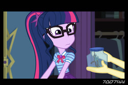 Size: 1288x858 | Tagged: safe, edit, edited screencap, editor:teren rogriss, screencap, fluttershy, queen chrysalis, sci-twi, twilight sparkle, changeling, changeling queen, better together, equestria girls, star crossed, female, geode of telekinesis, glasses, jar, magical geodes, micro