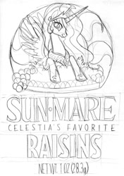 Size: 575x817 | Tagged: safe, artist:kturtle, princess celestia, alicorn, pony, packaging, parody, raisins, sun-maid, wip