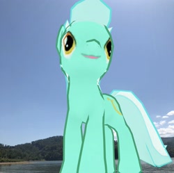 Size: 3024x3015 | Tagged: safe, photographer:undeadponysoldier, lyra heartstrings, pony, unicorn, augmented reality, cute, derp, female, gameloft, giant lyra heartstrings, giant pony, irl, lake, lyrabetes, macro, mare, mega lyra, photo, ponies in real life, solo, water, we're all doomed