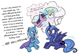 Size: 800x554 | Tagged: safe, artist:yamino, edit, princess celestia, princess luna, trixie, twilight sparkle, alicorn, pony, horns are touching, quote, s1 luna, shipping, simple background, stephen fry, twilestia, vulgar