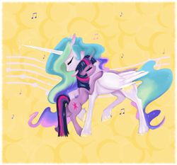 Size: 1428x1333 | Tagged: safe, artist:bri-sta, princess celestia, twilight sparkle, alicorn, pony, blushing, dancing, hug, music notes, shipping, twilestia