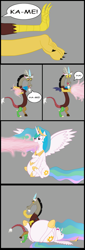 Size: 683x2000 | Tagged: safe, artist:8aerondight8, discord, princess celestia, alicorn, draconequus, pony, female, horn, inflation, male, mare