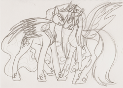 Size: 900x644 | Tagged: safe, artist:100yearslater, princess celestia, queen chrysalis, alicorn, changeling, changeling queen, pony, female, horn, sketch