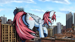 Size: 1920x1080 | Tagged: safe, artist:adagiostring, oc, oc only, oc:evening skies, pegasus, pony, city, destruction, female, giant pony, giantess, looking back, macro, mare, solo