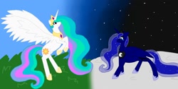 Size: 1366x686 | Tagged: safe, artist:blam13, princess celestia, princess luna, alicorn, pony, crying, moon