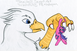 Size: 1730x1166 | Tagged: safe, artist:trezilla, oc, oc only, oc:der, oc:tinisparkler, griffon, unicorn, duo, female, male, micro, traditional art