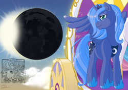 Size: 900x636 | Tagged: dead source, safe, artist:baby-blue-bell, princess celestia, princess luna, alicorn, pony, carriage, eclipse, moon, s1 luna, solo, story in the comments, sun