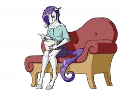 Size: 2000x1529 | Tagged: safe, artist:akweer, rarity, anthro, unguligrade anthro, unicorn, clothes, comfort eating, crying, depressed, eating, eyeshadow, fainting couch, female, food, ice cream, ice cream drama, makeup, solo