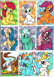 Size: 700x1002 | Tagged: safe, artist:shinyumbie, apple bloom, bon bon, cheerilee, gilda, lyra heartstrings, princess celestia, rainbow dash, scootaloo, sweetie belle, sweetie drops, alicorn, griffon, pegasus, pony, 80s, 80s cheerilee