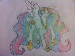 Size: 960x717 | Tagged: safe, artist:razzlethedazzle, princess celestia, alicorn, pony, female, mare, multicolored mane, solo, traditional art, white coat