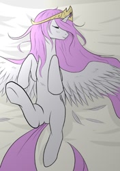 Size: 494x700 | Tagged: safe, artist:jalm, artist:tytan, princess celestia, alicorn, pony, adorable face, cute, cutelestia, eyes closed, feather, female, hooves, lying down, mare, on back, pink-mane celestia, sleeping, smiling, solo, spread wings