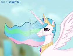 Size: 1024x787 | Tagged: safe, artist:saugandh, princess celestia, alicorn, pony, female, horn, mare, multicolored mane, solo, watermark, white coat