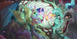 Size: 1280x653 | Tagged: safe, artist:nokrats, discord, fluttershy, draconequus, pegasus, pony, the last problem, cutie mark, duo, female, flying, impossibly long tail, large wings, long tail, looking at each other, macro, male, mare, open mouth, portal, size difference, space, spread wings, stars, surreal, wings