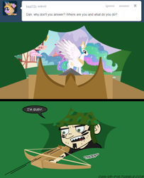 Size: 650x800 | Tagged: safe, artist:mixermike622, princess celestia, human, crossbow, dan, dan vs, dan vs fim, plot