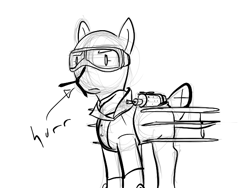 Size: 640x480 | Tagged: artist needed, source needed, safe, oc, oc only, original species, plane pony, pony, goggles, hurr durr, monochrome, plane, propeller, solo