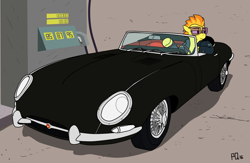 Size: 1772x1152 | Tagged: safe, artist:pony quarantine, spitfire, car, clothes, gas pump, gasoline, glasses, jaguar (car), jaguar e-type, leather jacket, solo, trace, vector