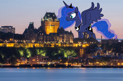 Size: 2941x1930 | Tagged: safe, artist:dashiesparkle, artist:theotterpony, princess luna, alicorn, pony, city, collage, female, highrise ponies, macro, mare, quebec, solo, story in the source, story included
