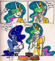 Size: 1320x1460 | Tagged: safe, artist:newyorkx3, princess celestia, princess luna, anthro, bait and switch, cake, comic, dialogue, frosting, icing bag, traditional art, trolling