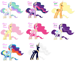 Size: 900x738 | Tagged: safe, artist:taintedoneninja, applejack, fluttershy, pinkie pie, princess celestia, rainbow dash, rarity, twilight sparkle, twilight sparkle (alicorn), oc, alicorn, earth pony, pony, alicornified, applecorn, ethereal mane, female, fluttercorn, fusion, hilarious in hindsight, mane six, mare, palette swap, pinkiecorn, race swap, rainbowcorn, raricorn, recolor, ultimate twilight, xk-class end-of-the-world scenario