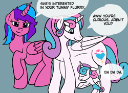 Size: 1049x762 | Tagged: safe, artist:fireboltpug, princess flurry heart, oc, oc:melody aurora, alicorn, pony, adult, alicorn oc, baby, baby flurry heart, belly, cousins, dialogue, diaper, eyes closed, female, impossibly large belly, looking down, mama flurry, multiple pregnancy, offspring, older, older flurry heart, parent:flash sentry, parent:twilight sparkle, parents:flashlight, pregnant, self paradox, self ponidox, time paradox, trio, trio female