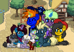 Size: 869x614 | Tagged: safe, oc, oc:altus bastion, oc:crimson rune, oc:drawbridge, oc:greyline, oc:ocean serenity, oc:saros nebula, oc:small block, oc:snap feather, oc:star bright, pony, clothes, giant pony, group picture, guard, hat, house, macro, macro/micro, micro, pony town, scarf, size difference, sleepy town, wizard, wizard hat, wizard robe