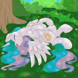 Size: 1500x1500 | Tagged: safe, artist:geomancing, princess celestia, alicorn, pony, crepuscular rays, cute, cutelestia, dappled sunlight, eyes closed, female, grass, happy, horses doing horse things, mare, missing accessory, nature, on back, outdoors, rolling, shade, sillestia, smiling, solo, wing fluff