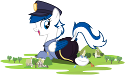 Size: 900x544 | Tagged: safe, artist:tsabak, dj pon-3, minuette, trixie, vinyl scratch, oc, oc:striker blue, pegasus, pony, clothes, dock, female, giant pony, macro, mare, police uniform, simple background, transparent background, two toned wings, uniform, vector, wings