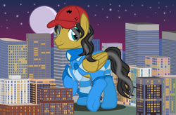 Size: 3687x2419 | Tagged: safe, artist:silly-yellow-pone, oc, oc only, oc:small block, oc:ultramare, pegasus, pony, bodysuit, city, giant pony, hat, looking back, macro, vector