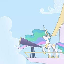 Size: 675x675 | Tagged: safe, artist:thestoicmachine, princess celestia, alicorn, pony, female, horn, mare, multicolored mane, solo, telescope, white coat